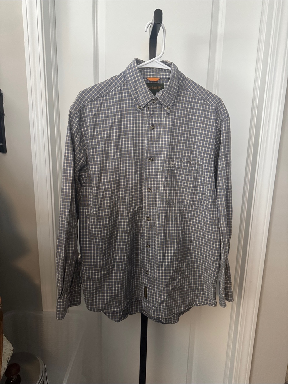 Timberland Men's Grey and White Check Button-Down Shirt